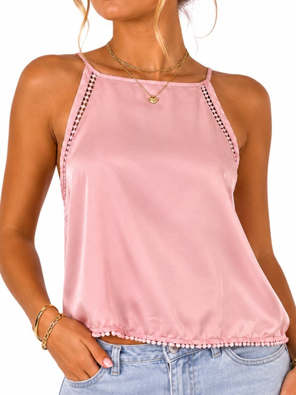 Mudd Tank Top Women XL Pink Solid Relaxed Modern Boho Crochet Lace Halter Blouse